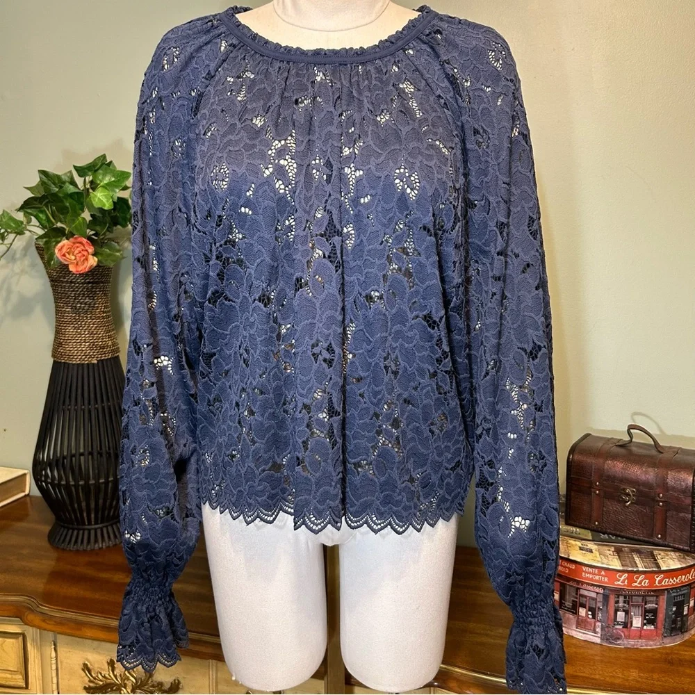 Free People Navy Blue Floral Lace Elastic Sleeve Blouse